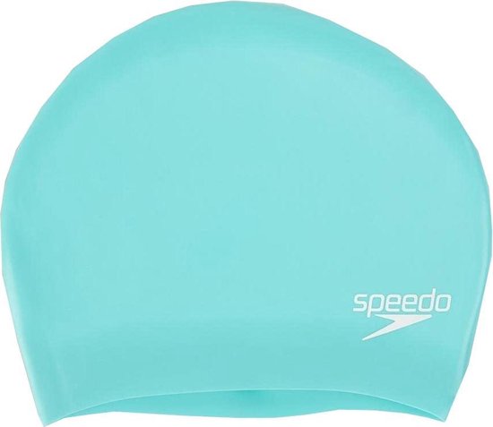Turquoise Speedo badmuts met wit Speedo logo, gemaakt van siliconen.