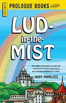 Boekomslag van 'Lud-in-the-Mist' met een regenboog, fantasiewereld met gebouwen en de titel.