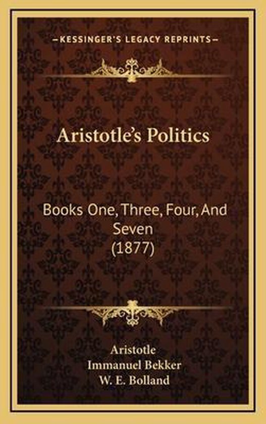 Boekcover van 'Aristotle's Politics', uitgave uit 1877, met tekst en sierlijke patronen.