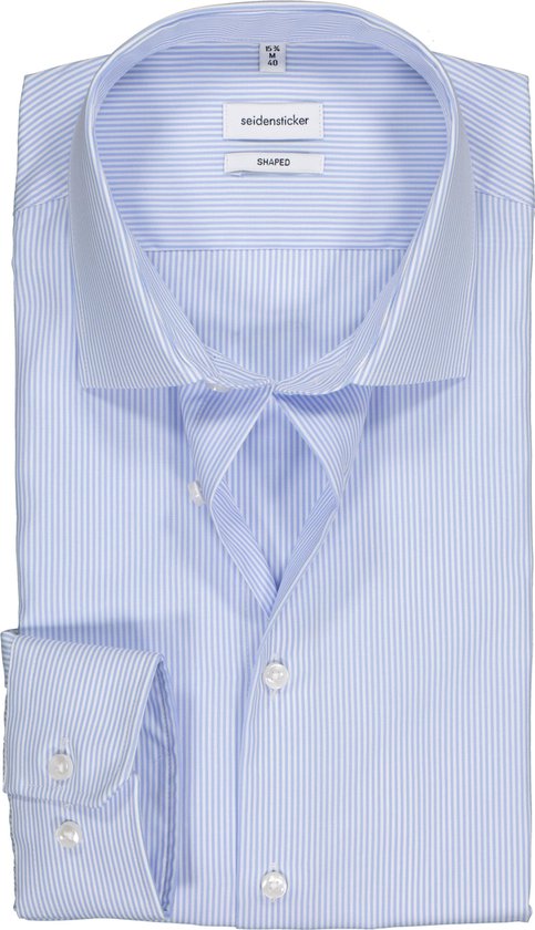 Seidensticker shaped fit overhemd - lichtblauw met wit gestreept - Strijkvrij - Boordmaat: 44