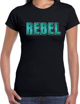 Rebel t-shirt zwart met turquoise letters voor dames - Fun tekst shirt / kado t-shirt L