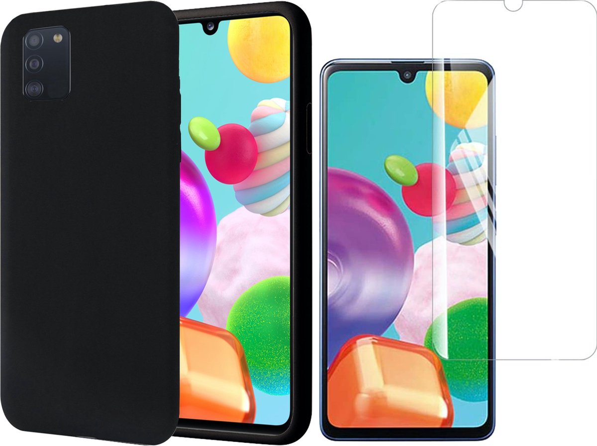 Hoesje geschikt voor Samsung Galaxy A41 - Liquid Siliconen Case Zwart + Screen Protector