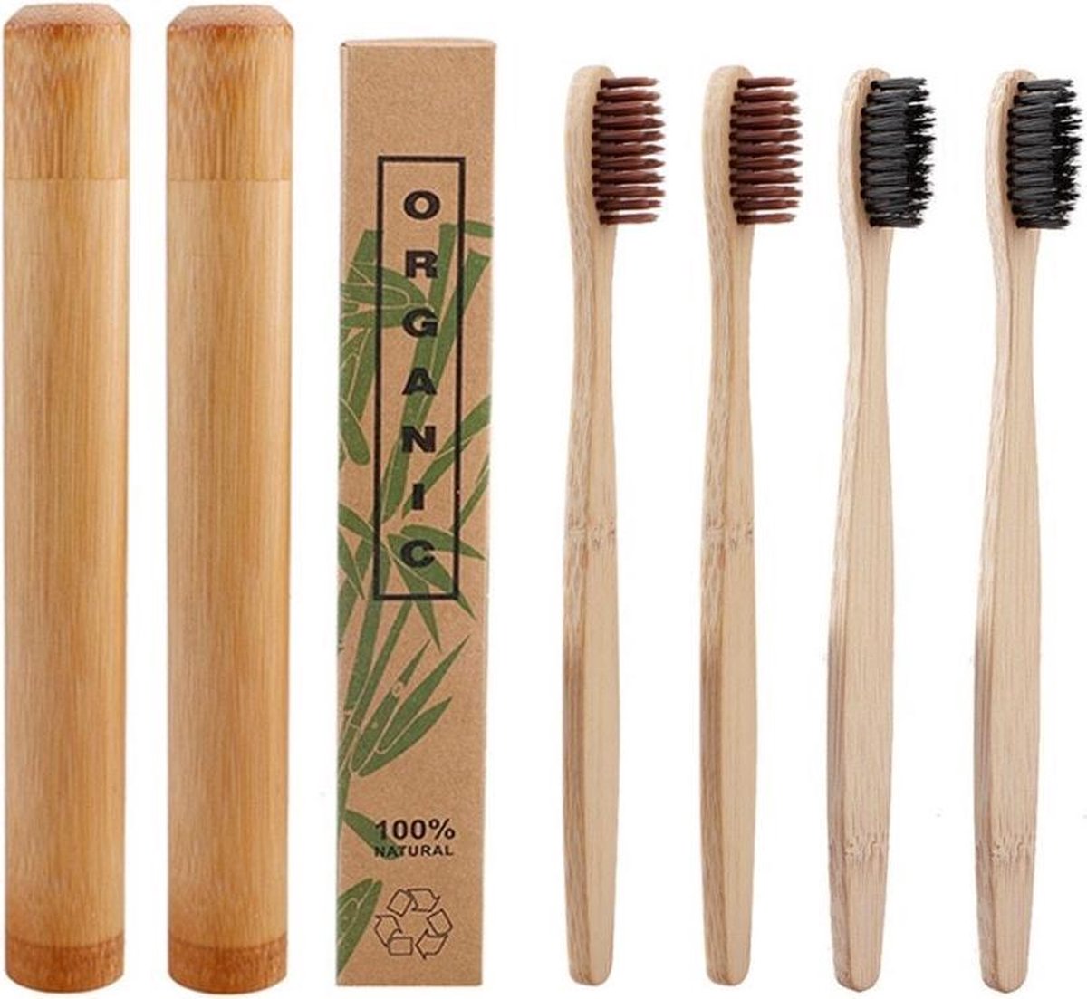 Bamboe tandenborstels |Set Van 4 Tandenborstels Plus 2 Bamboe Kokers| Medium soft | Biologisch Afbreekbaar | 2 Bruin - 2 Zwart|