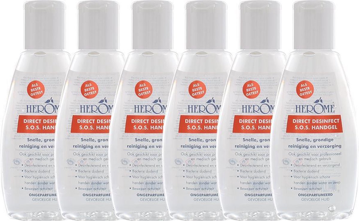Goedkoopste Herome 6-Pack Direct Desinfect Handgel Sensitive (Parfumvrij) 75ml. - Desinfecterende Handgel met 80 Alcohol - Beschermt Tegen Bacteriën en Droogt de Handen Niet Uit - 6 75ml.