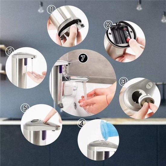 Montagehandleiding voor zeepdispenser: batterijen plaatsen, navullen, knop indrukken, hand onder sensor, zeep komt eruit.