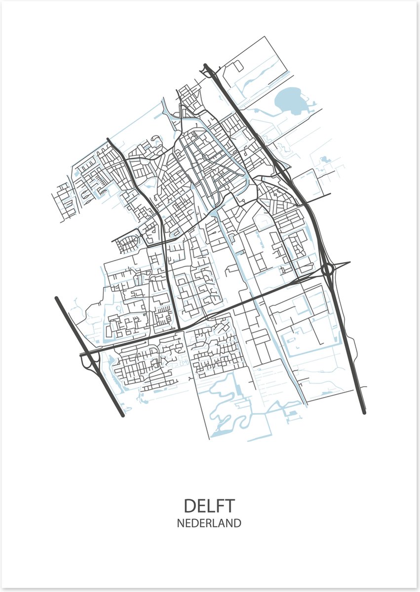 De Lange Koe Poster - Delft Plattegrond - 42 X 29.7 Cm - Wit