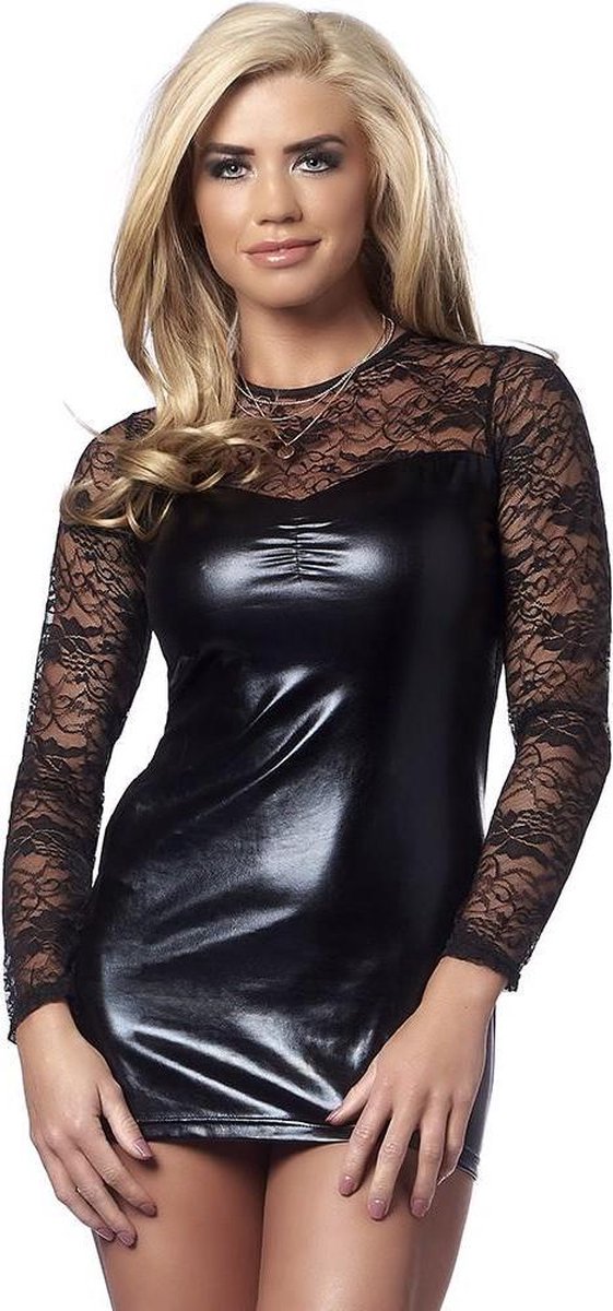 Goedkoopste Amorable - Wetlook party mini jurkje met kanten mouwen - Maat L/XL