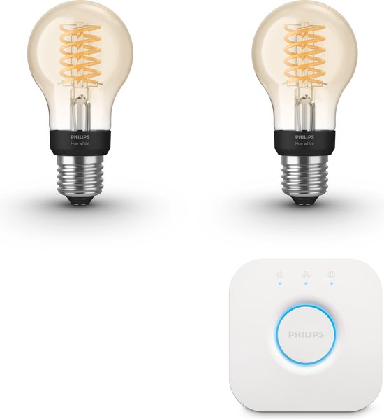 Philips Hue Starterspakket E27 Filament met Bridge - 2 Hue E27 Filament Lampen - Warmwit Licht - Eenvoudige Installatie - Werkt met Alexa en Google Home
