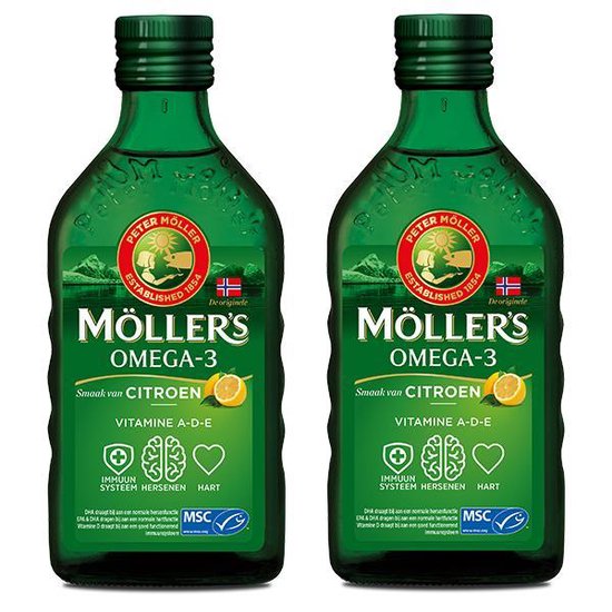 vieren Lauw boerderij Möller's Omega-3 Levertraan Citroen - 2 x 250ml - Omega-3 met vitamine A, D  en E -... | bol.com