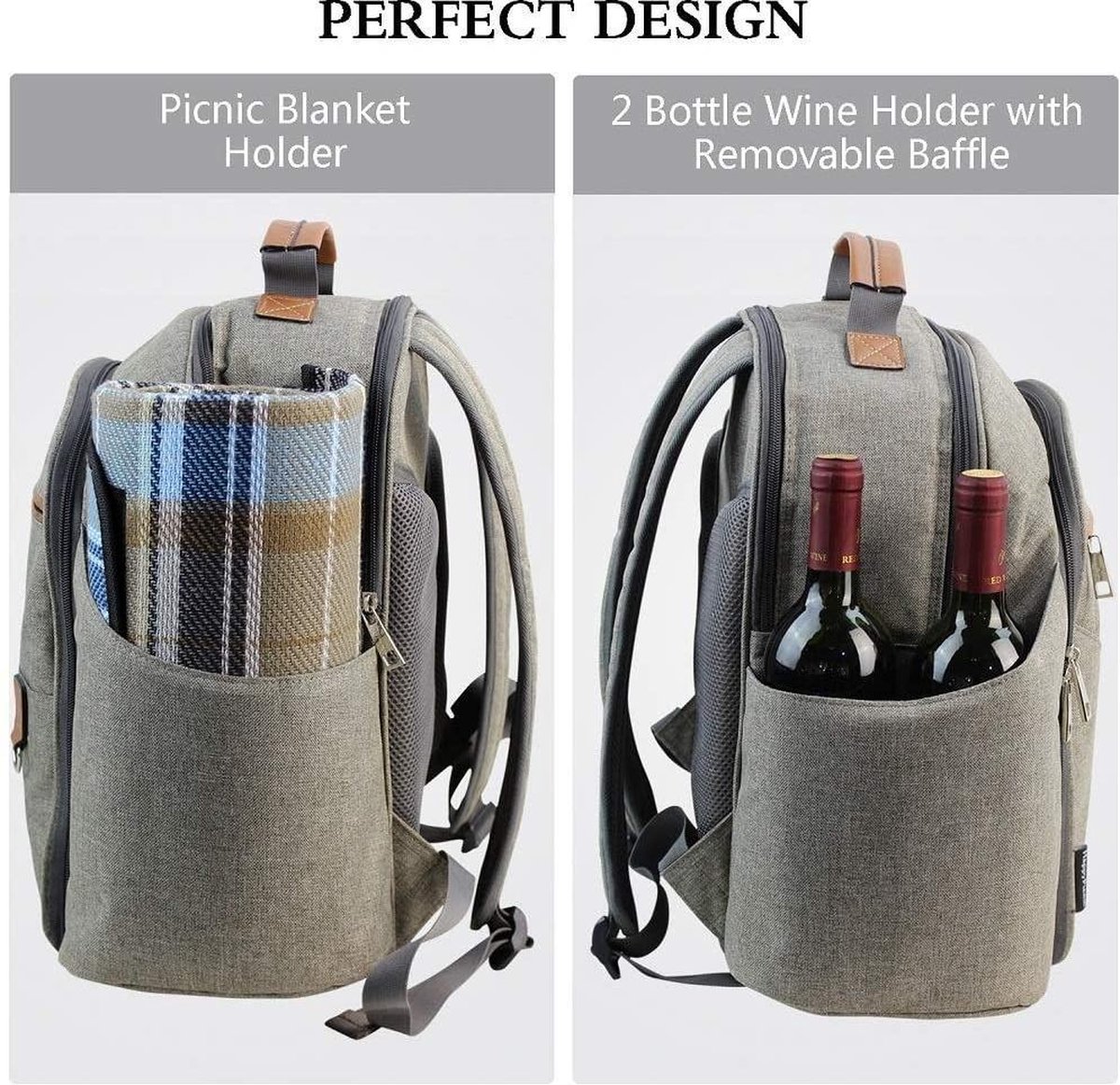 VEVOR Picknickrugzak voor 4 personen, met thermovak, flessenhouder/wijnhouder, afneembaar, licht plafond, borden en bestek voor buiten, wandelen en kamperen, beige, 20 l