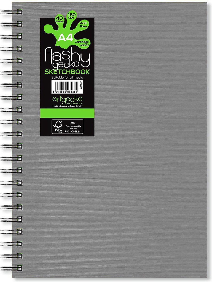 Artgecko schetsboek A4 spiraal 150gr 40 vel grijze omslag creatief.