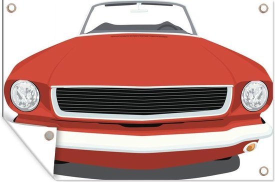 Tuinposter Illustratie van het vooraanzicht van een rode Mustang - 130x80 cm - Wanddecoratie Buiten - Tuinposter - Tuindoek - Schuttingposter - Tuinschilderij