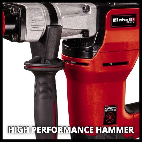 Gedetailleerde close-up van de rode Einhell breekhamer met de tekst 'HIGH PERFORMANCE HAMMER'.