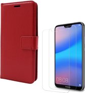 Huawei P20 Lite (2018) Portemonnee hoesje rood met 2 stuks Glas Screen protector