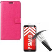 Huawei P Smart 2018 Portemonnee hoesje roze met 2 stuks Glas Screen protector