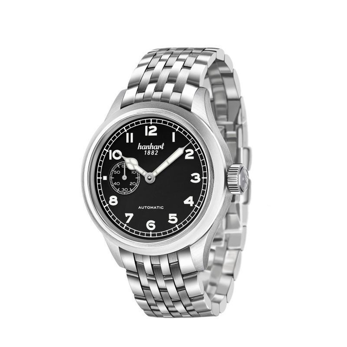 Hanhart Pioneer Preventor9 Horloge Zwart - gladde rand - zilverkleurige band