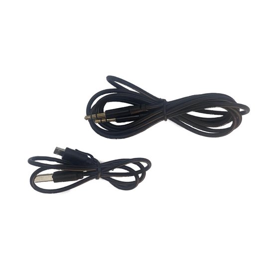 Twee zwarte kabels, een met 3,5mm jack, de ander met USB-C.