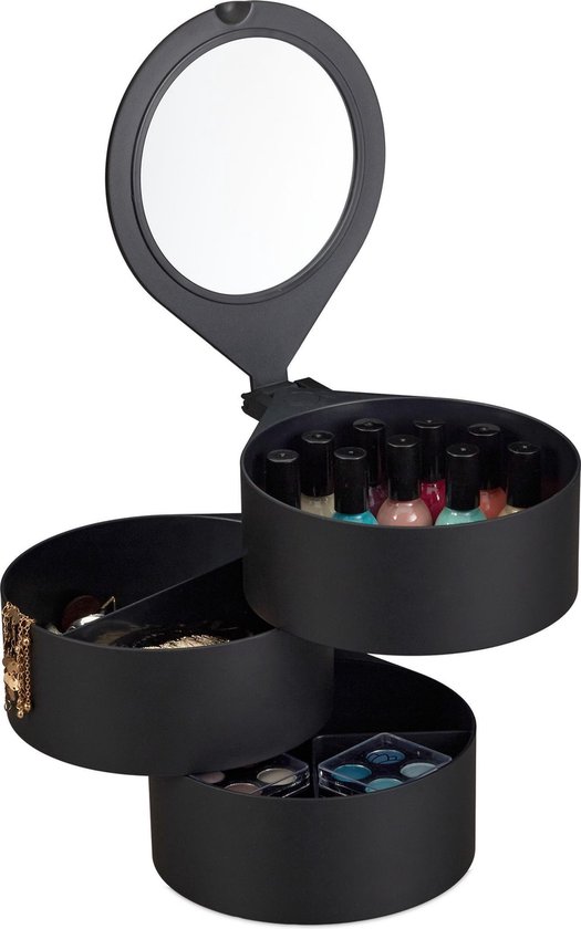 relaxdays make up organizer - rond - met spiegel - opbergdoos cosmetica - sieradenbakje zwart