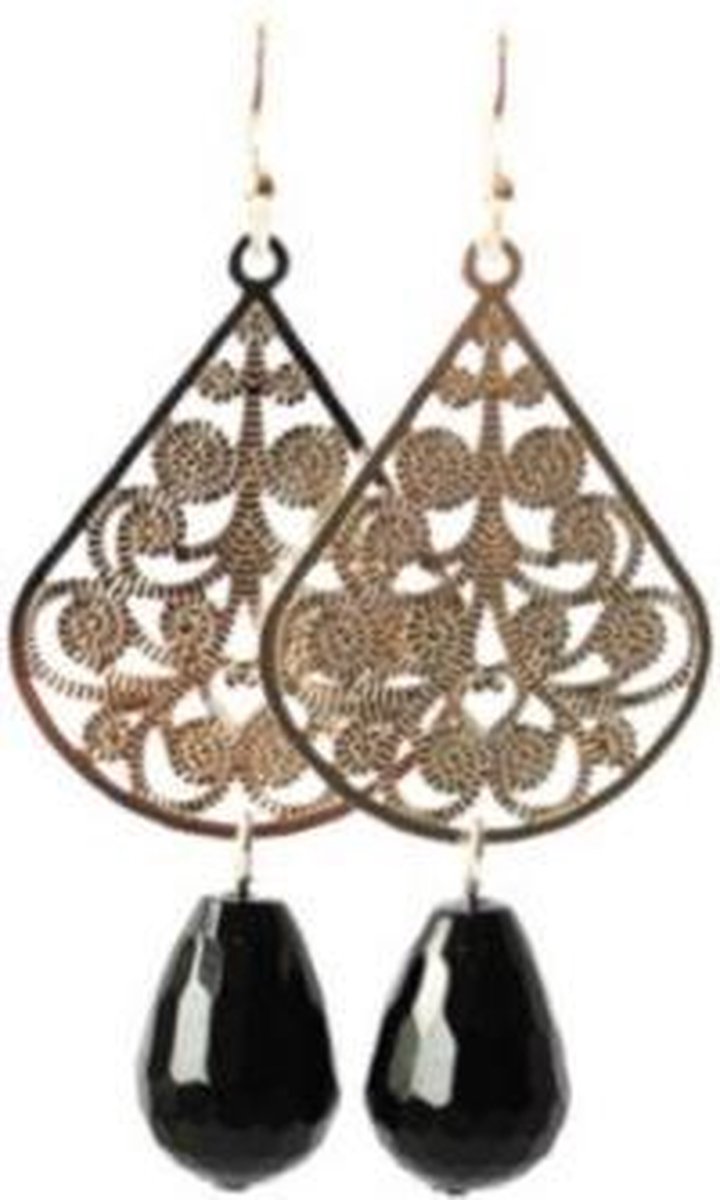 Oorbellen met filigrain druppel en Onyx edelsteen, lengte 4,5 cm