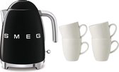 Smeg KLF03BLEU - Waterkoker - Zwart + York Bekers 250 ml - 4 stuks