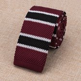 Gebreide stropdas smal - donkerrood blauw-wit gestreept