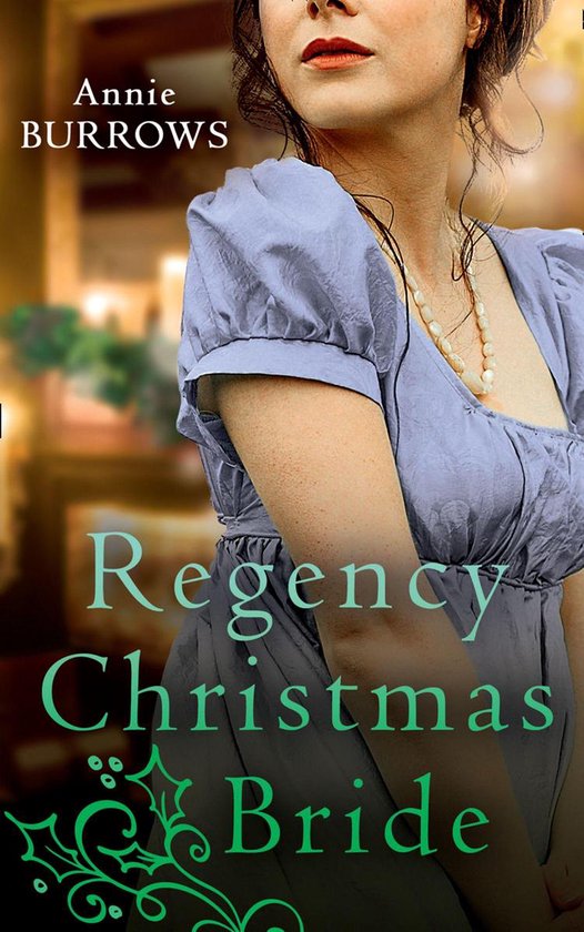 Vrouw in een lichtblauwe jurk met pofmouwen en een parelketting, boekcover met tekst: Regency Christmas Bride.