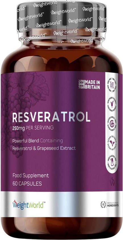Resveratrol 250 mg - 60 Capsules Helpt gezonde lichaamscellen te beschermen tegen oxidatieve schade