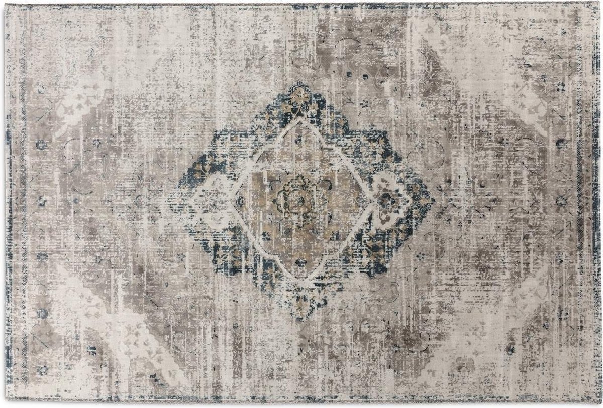 Lifa Living - Vloerkleed - Vintage - Beige/Donkerblauw - Poolhoogte: 5 mm - Oosters - 80 x 150 cm