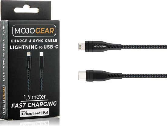 MOJOGEAR Lightning naar USB-C kabel - 1,5 meter kabel - Extra Sterk nylon - Snelladen kabel voor iPhone X / 11 / 12 / 13 / 14 - Zwart/Donkergrijs