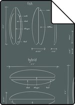 Proefstaal ESTAhome behangpapier technische tekeningen van surfplanken vergrijsd groen - 128870 - 26,5 x 21 cm