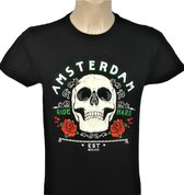 T-Shirt ByKemme Zwart Ride Hard Amsterdam Skull & Roses EST MCCLXXV Maat - XL