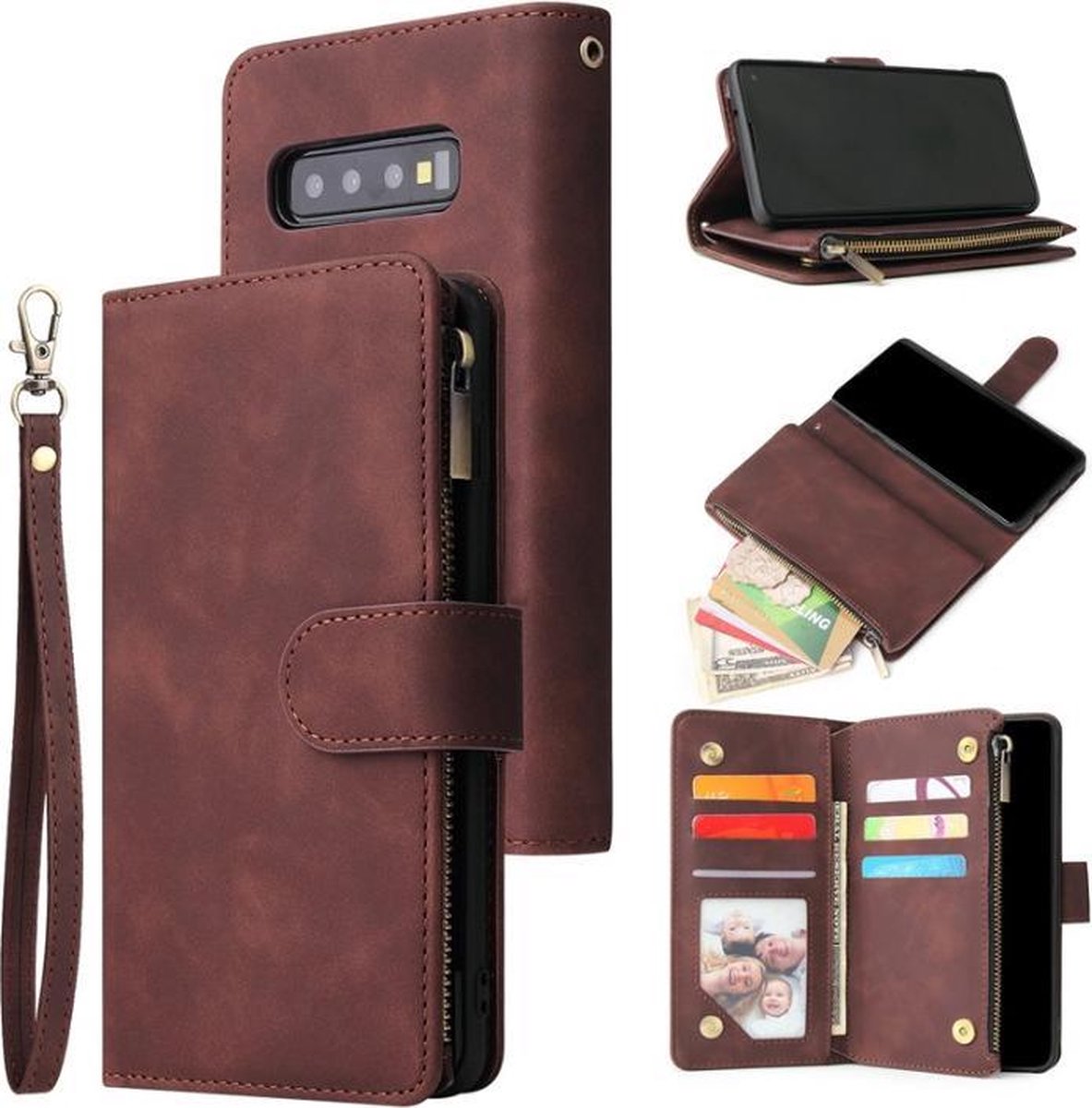 Luxe Telefoonhoesje voor Samsung Galaxy S10 Plus | Hoogwaardig Leren Bookcase | Lederen Wallet Case | Luxe Uitstraling | Pasjeshouder 6 pasjes | Portemonnee | Rits | Bruin