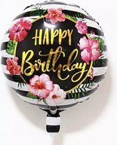 Happy birthday folie ballon gestreept zwart en wit met roze bloemen | rond |  GEVULD met HELIUM |