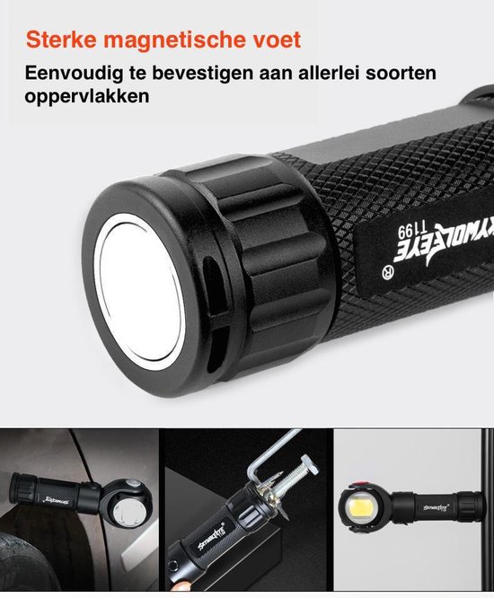 bol.com | Krachtige LED Zaklamp met 360° Draaibare Kop | 6000 Lumen COB T6  Werklamp | 7-Modus...