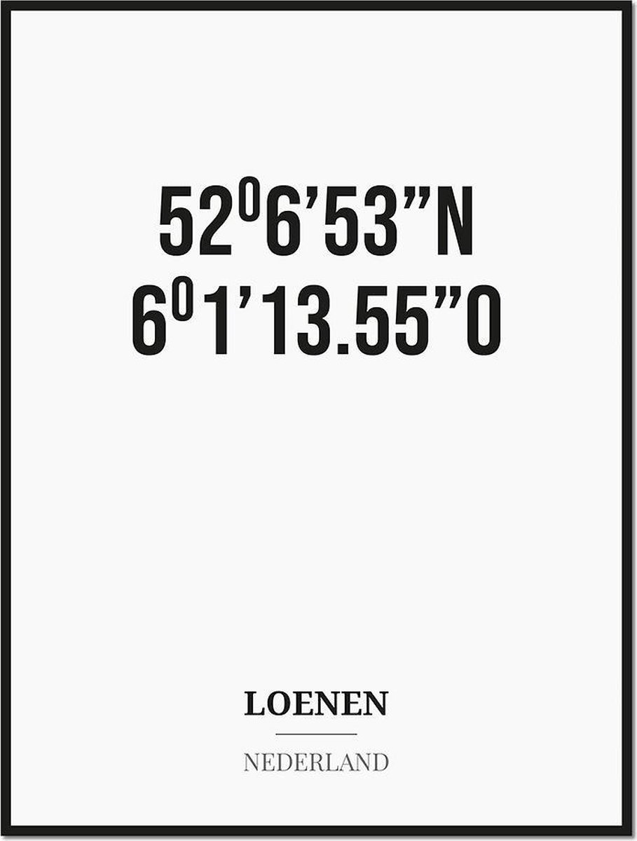 Studio216 Poster/kaart LOENEN met coördinaten zwart, wit