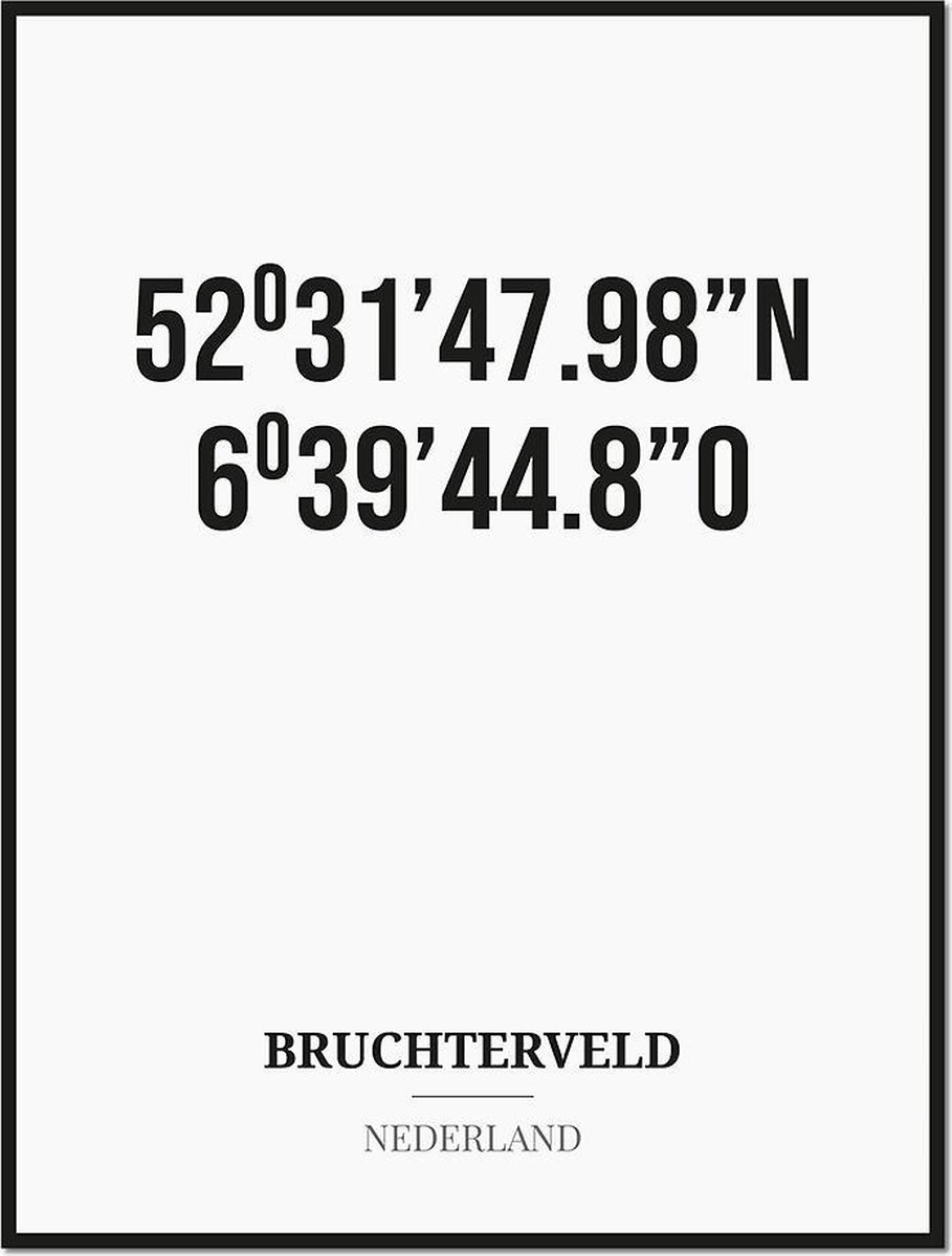 Studio216 Poster/kaart BRUCHTERVELD met coördinaten zwart, wit