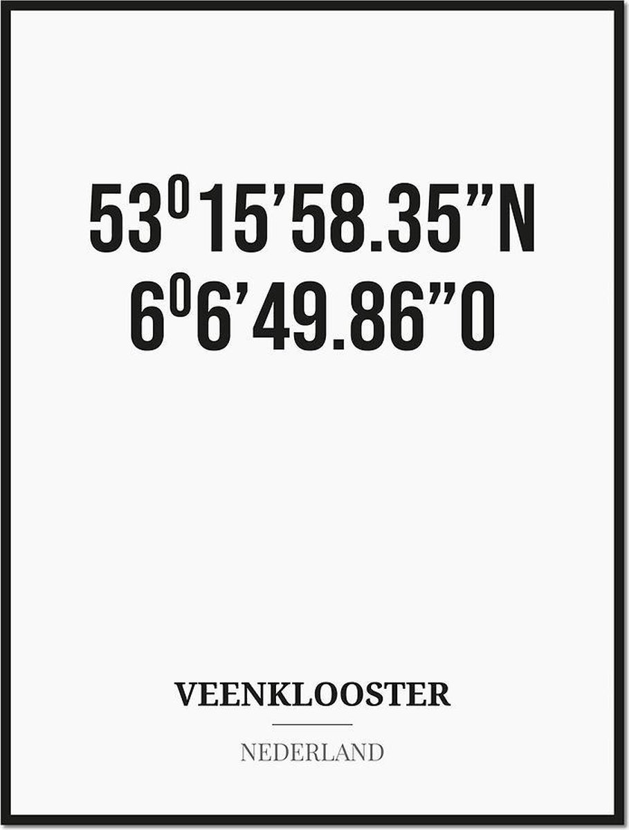 Studio216 Poster/kaart VEENKLOOSTER met coördinaten zwart, wit