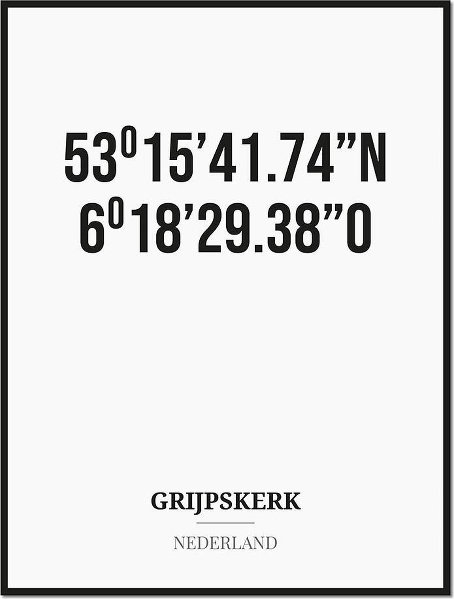 Studio216 Poster/kaart GRIJPSKERK met coördinaten zwart, wit