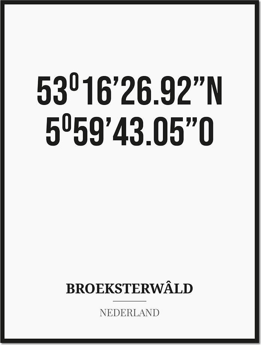 Studio216 Poster/kaart BROEKSTERWÂLD met coördinaten zwart, wit