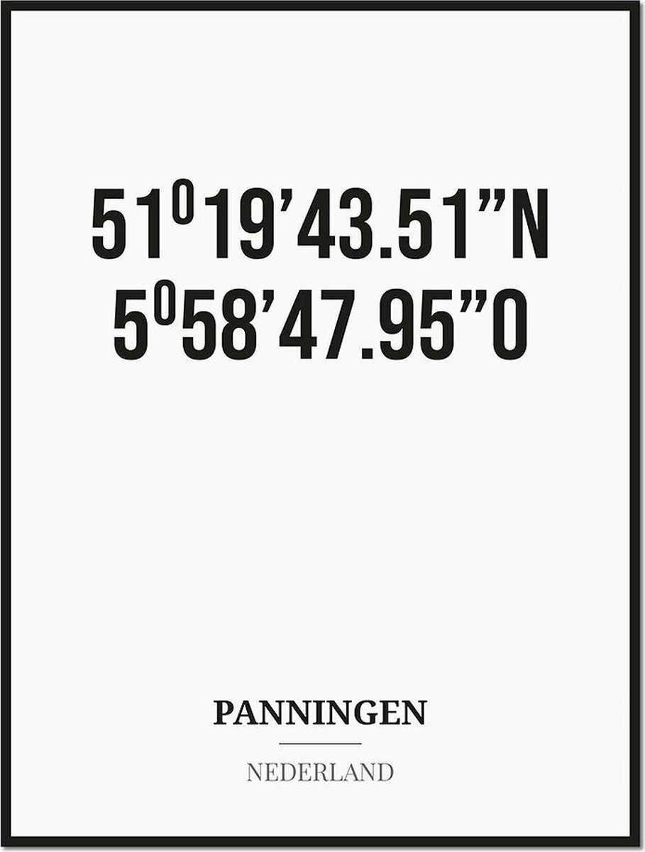 Studio216 Poster/kaart PANNINGEN met coördinaten zwart, wit