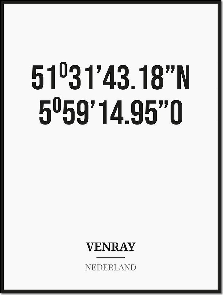 Studio216 Poster/kaart VENRAY met coördinaten zwart, wit