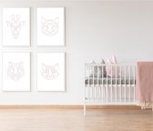 moderne posters - lijn posters - Roze posters - Babykamer - Posters - dieren Kamer - Kinderkamer - 4 Posters - Dieren Poster  - Dieren Wanddecoratie -  20x30 cm - Poster Babykamer – Kinderpos