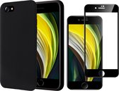 Hoesje geschikt voor iPhone SE 2022 / 2020 / 8 / 7- Liquid Siliconen Case Zwart - Full Screenprotector Glas Screen Protector