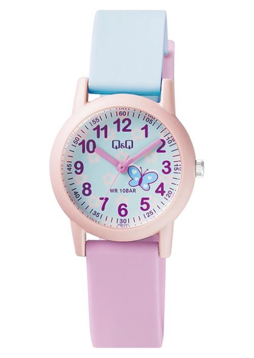 QQ VS49J003Y - Horloge - Analoog - Kinderen - Unisex - Plastic band - Rond - Cijfers - Kunststof - Sport - Lichtblauw - Roze - 10 ATM