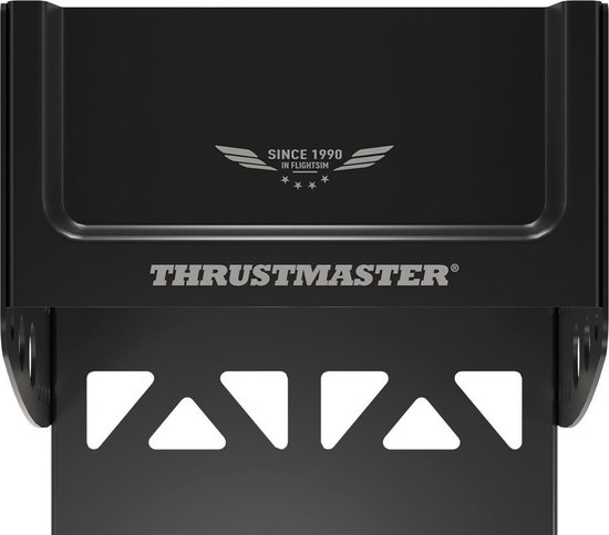 Close-up van de bovenkant van de zwarte metalen Thrustmaster Flying Clamp tafelklem met logo.