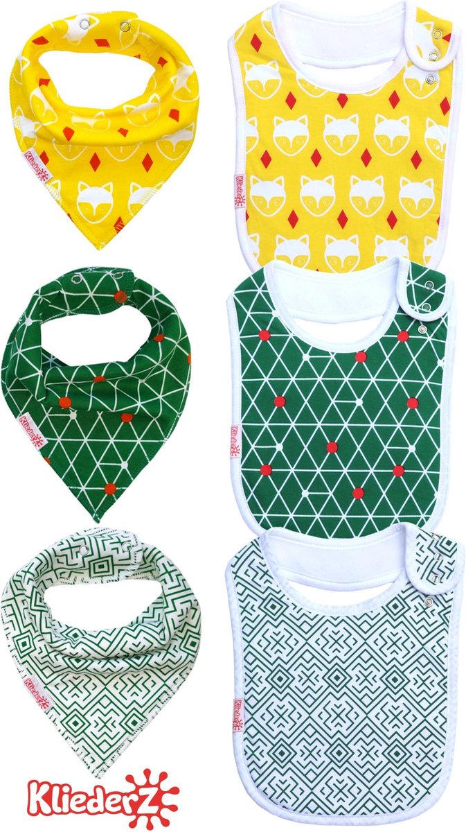 Goedkoopste KliederZ® slabbetjes combi set 6 stuks | Bandana kwijl puntslabben eetslabben ORGANISCH katoen | WATERPROOF fleece laag | Baby en peuter slabbers verstelbaar | Hippe puntsjaaltjes met vosjes en leuke motieven jongens | 4 mnd tot 4 jaar