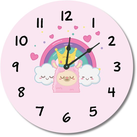 Horloge enfant arc-en-ciel, alpaga avec couronne, nuages rose | MOUVEMENT SILENCIEUX | horloge murale en bois pour chambre d'enfants et chambre de bébé | accessoires de décoration | chambre de filles