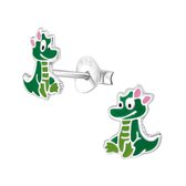 Joy|S - Zilveren krokodil oorbellen groen met roze strikje