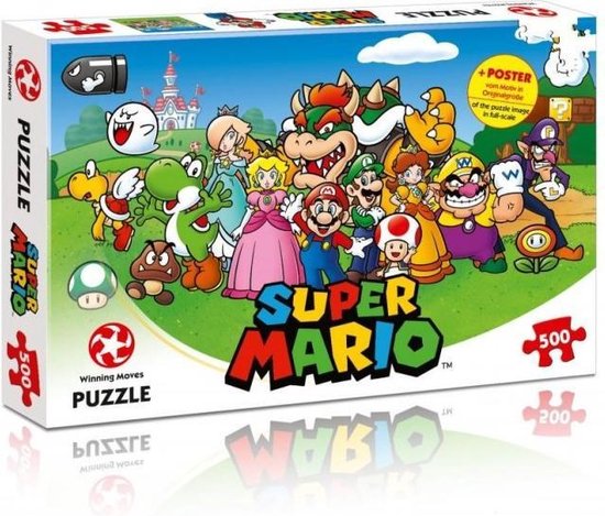 Super Mario-puzzeldoos met personages Mario, Luigi, Yoshi, Peach, Bowser, Toad, Wario en meer. Met 'Super Mario' logo.