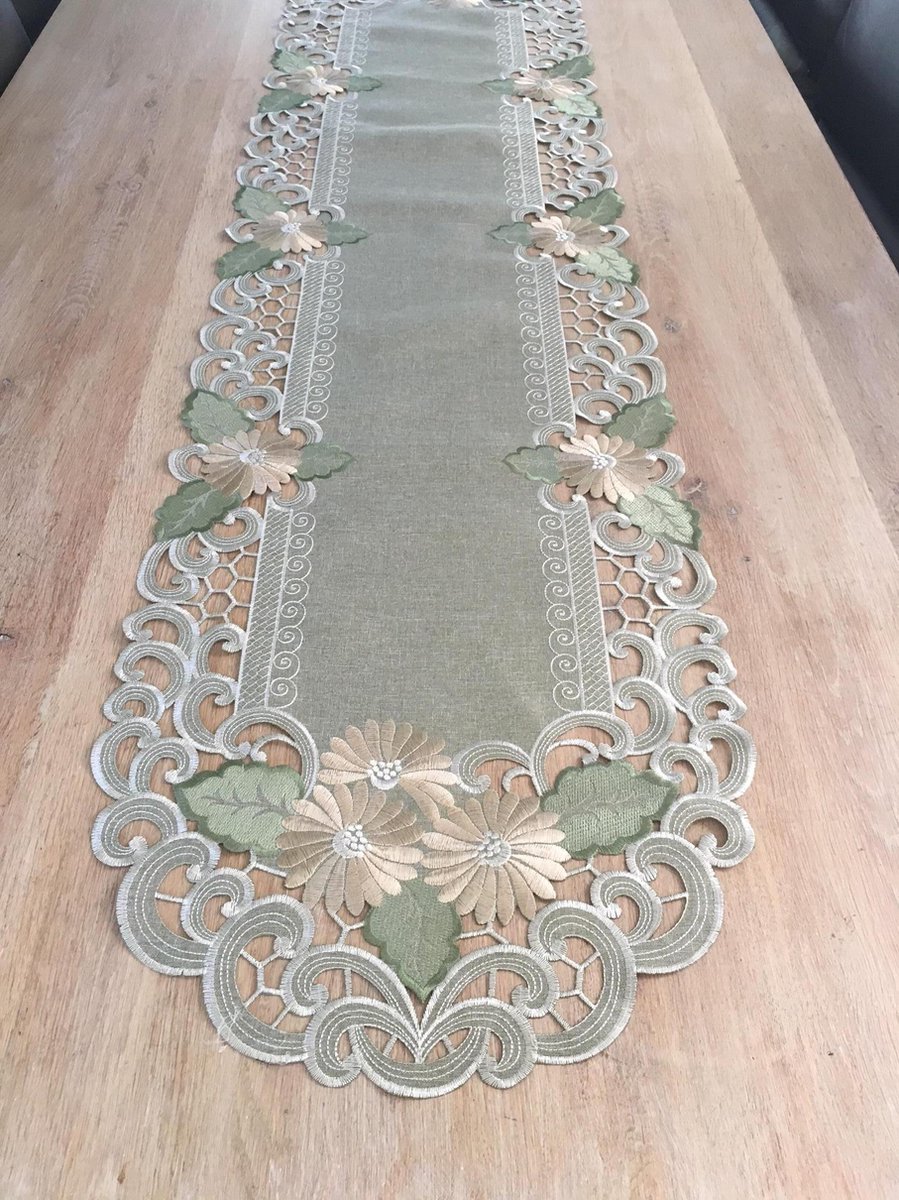 Tafelloper: Linnenlook Groen met bloemen - Loper 130 x 40 cm